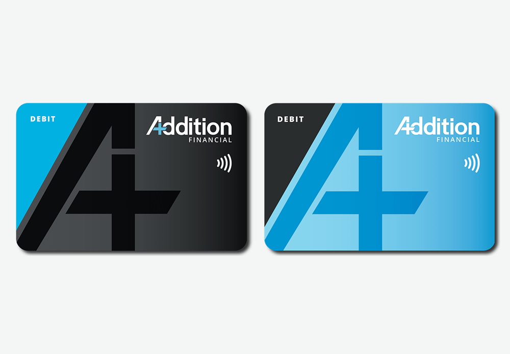 Addition Financial black & blue debit card designs